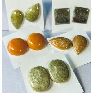 Vtg Bakelite?Lucite?Green,Orange Swirl Teardrop Statement Gold Tone Post Earring